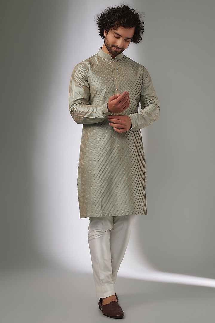 Greyish Green Pure Silk Thread Embroidered Kurta Set by SALIL BHATIA at Pernia's Pop Up Shop