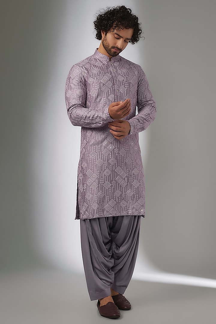 Mauve Dola Silk Thread & Sequin Embellished Kurta Set by SALIL BHATIA at Pernia's Pop Up Shop