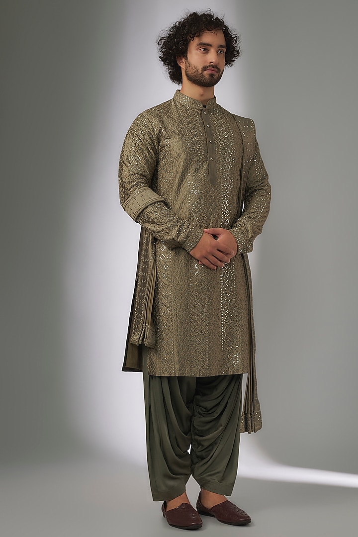 Mehendi Green Pure Silk Mirror Work Kurta Set by SALIL BHATIA at Pernia's Pop Up Shop