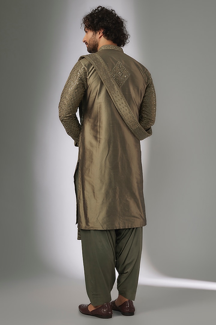 Mehendi Green Pure Silk Mirror Work Kurta Set by SALIL BHATIA at Pernia's Pop Up Shop