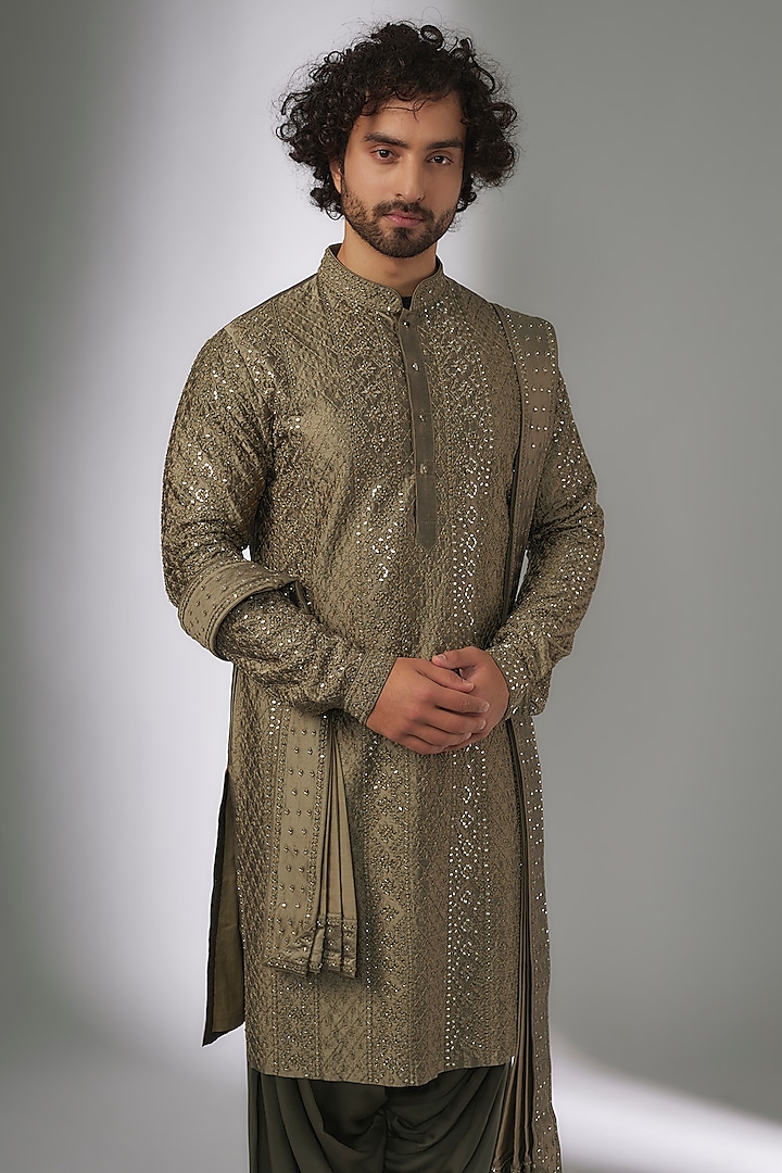 Mehendi Green Pure Silk Mirror Work Kurta Set by SALIL BHATIA at Pernia's Pop Up Shop