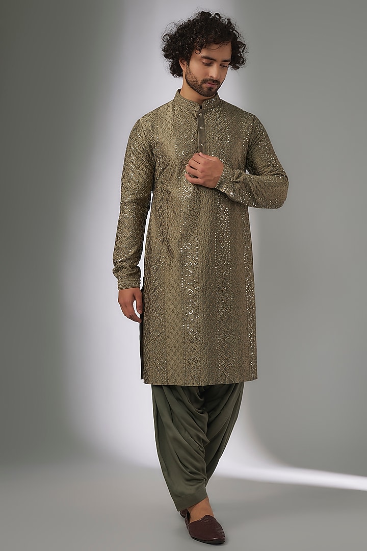 Mehendi Green Pure Silk Mirror Work Kurta Set by SALIL BHATIA at Pernia's Pop Up Shop