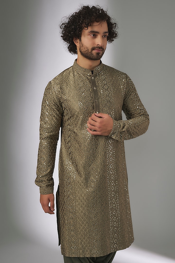 Mehendi Green Pure Silk Mirror Work Kurta Set by SALIL BHATIA at Pernia's Pop Up Shop