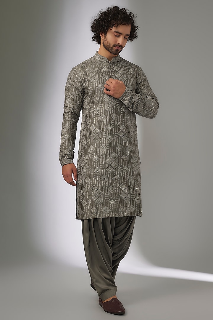 Taupe Dola Silk Thread & Sequins Embellished Kurta Set by SALIL BHATIA