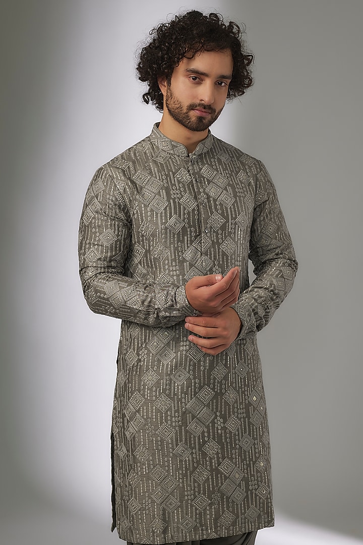 Taupe Dola Silk Thread & Sequins Embellished Kurta Set by SALIL BHATIA at Pernia's Pop Up Shop