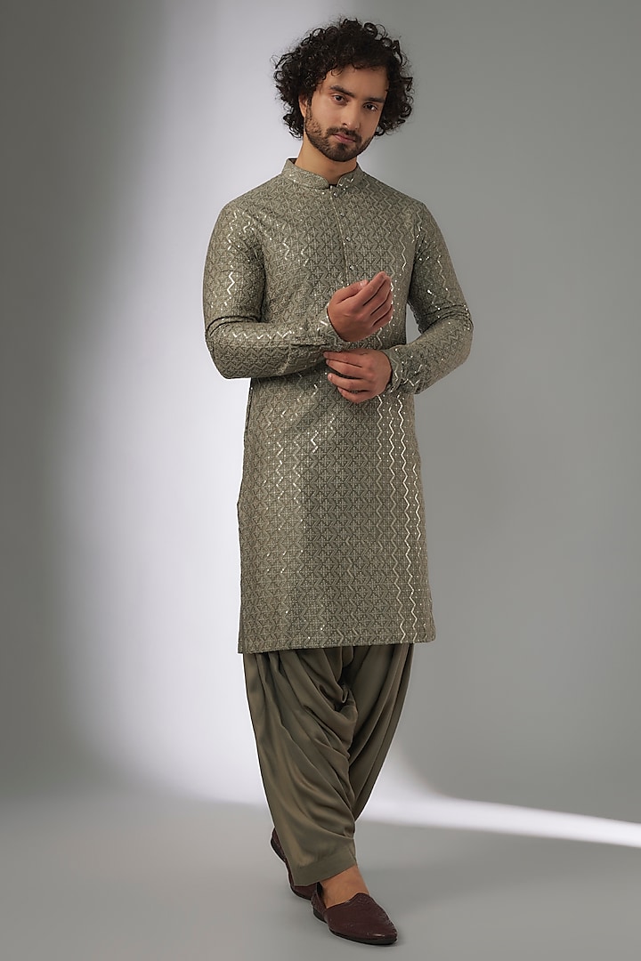 Olive Green Dola Silk Thread & Sequins Embellished Kurta Set by SALIL BHATIA