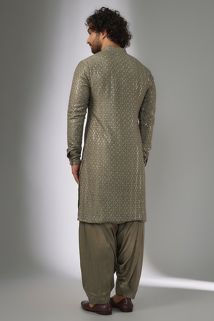 Olive Green Dola Silk Thread & Sequins Embellished Kurta Set by SALIL BHATIA at Pernia's Pop Up Shop