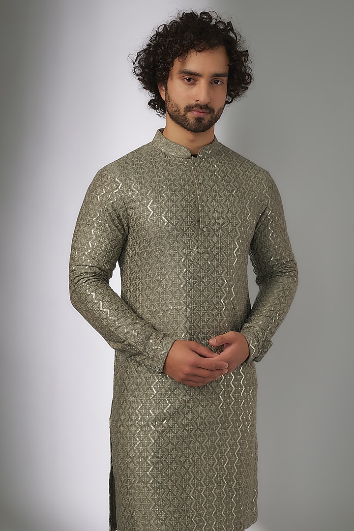 Olive Green Dola Silk Thread & Sequins Embellished Kurta Set by SALIL BHATIA at Pernia's Pop Up Shop