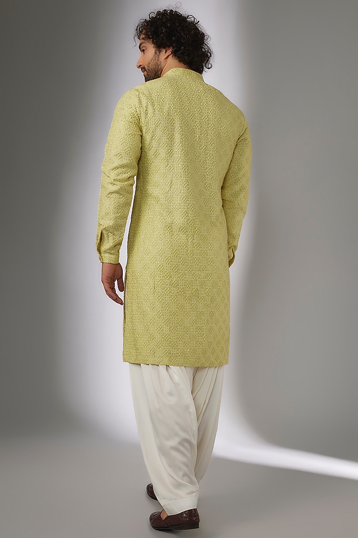 Butter Yellow Dola Silk Thread & Sequins Embellished Kurta Set by SALIL BHATIA at Pernia's Pop Up Shop