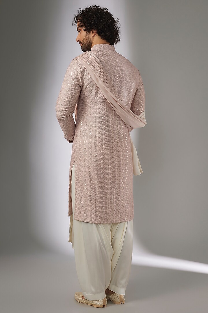 Shell Pink Dola Silk Sequins Embellished Kurta Set by SALIL BHATIA at Pernia's Pop Up Shop