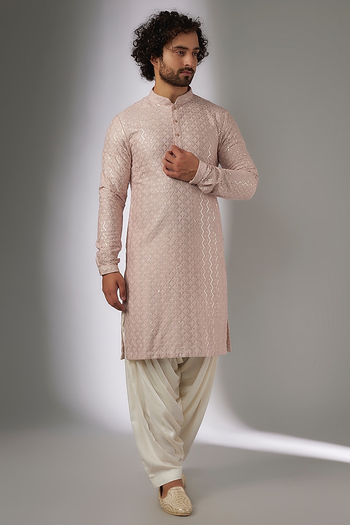 Shell Pink Dola Silk Sequins Embellished Kurta Set by SALIL BHATIA at Pernia's Pop Up Shop