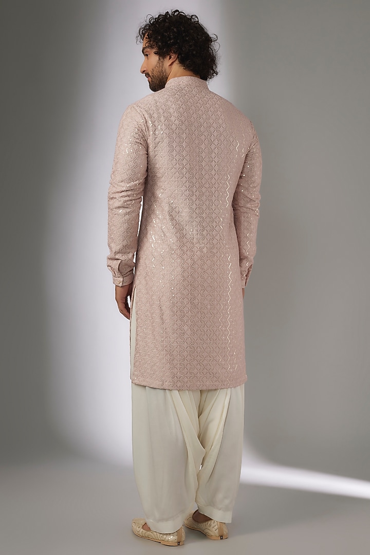 Shell Pink Dola Silk Sequins Embellished Kurta Set by SALIL BHATIA at Pernia's Pop Up Shop