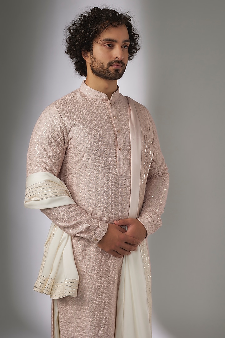 Shell Pink Dola Silk Sequins Embellished Kurta Set by SALIL BHATIA at Pernia's Pop Up Shop