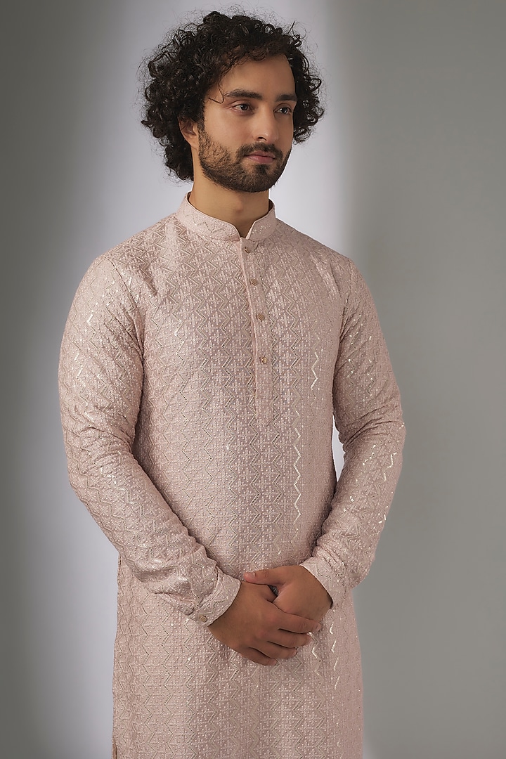 Shell Pink Dola Silk Sequins Embellished Kurta Set by SALIL BHATIA at Pernia's Pop Up Shop