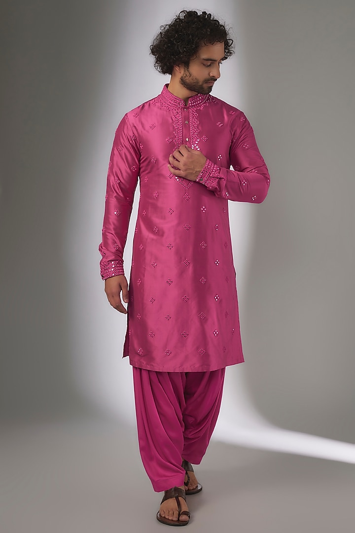 Hot Pink Pure Silk Mirror Work Kurta Set by SALIL BHATIA