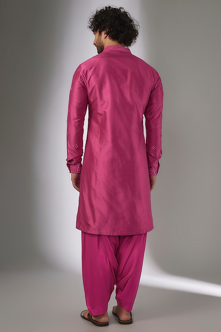 Hot Pink Pure Silk Mirror Work Kurta Set by SALIL BHATIA at Pernia's Pop Up Shop