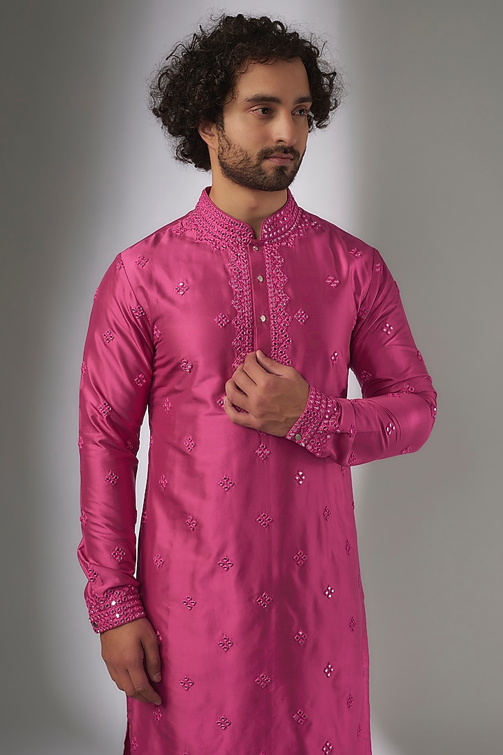 Hot Pink Pure Silk Mirror Work Kurta Set by SALIL BHATIA at Pernia's Pop Up Shop