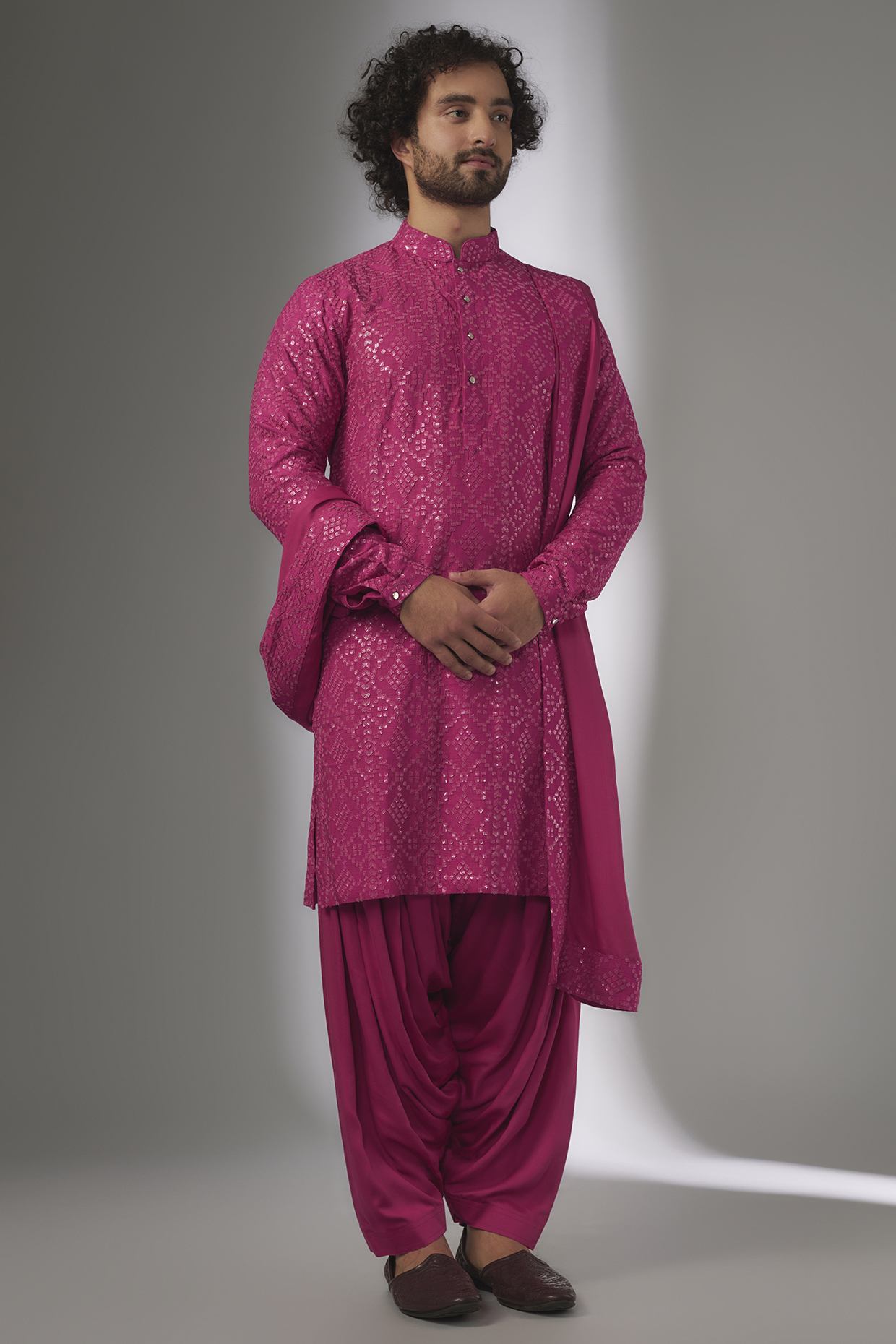 Hot Pink Dola Silk Sequin Embellished Kurta Set by SALIL BHATIA