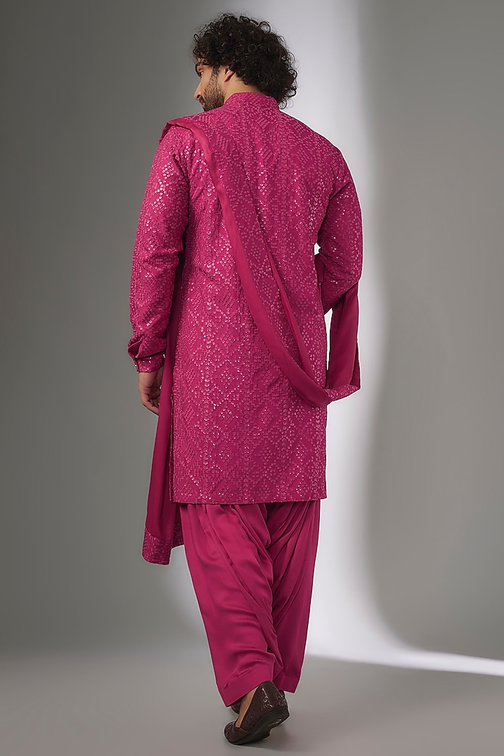 Hot Pink Dola Silk Sequin Embellished Kurta Set by SALIL BHATIA at Pernia's Pop Up Shop