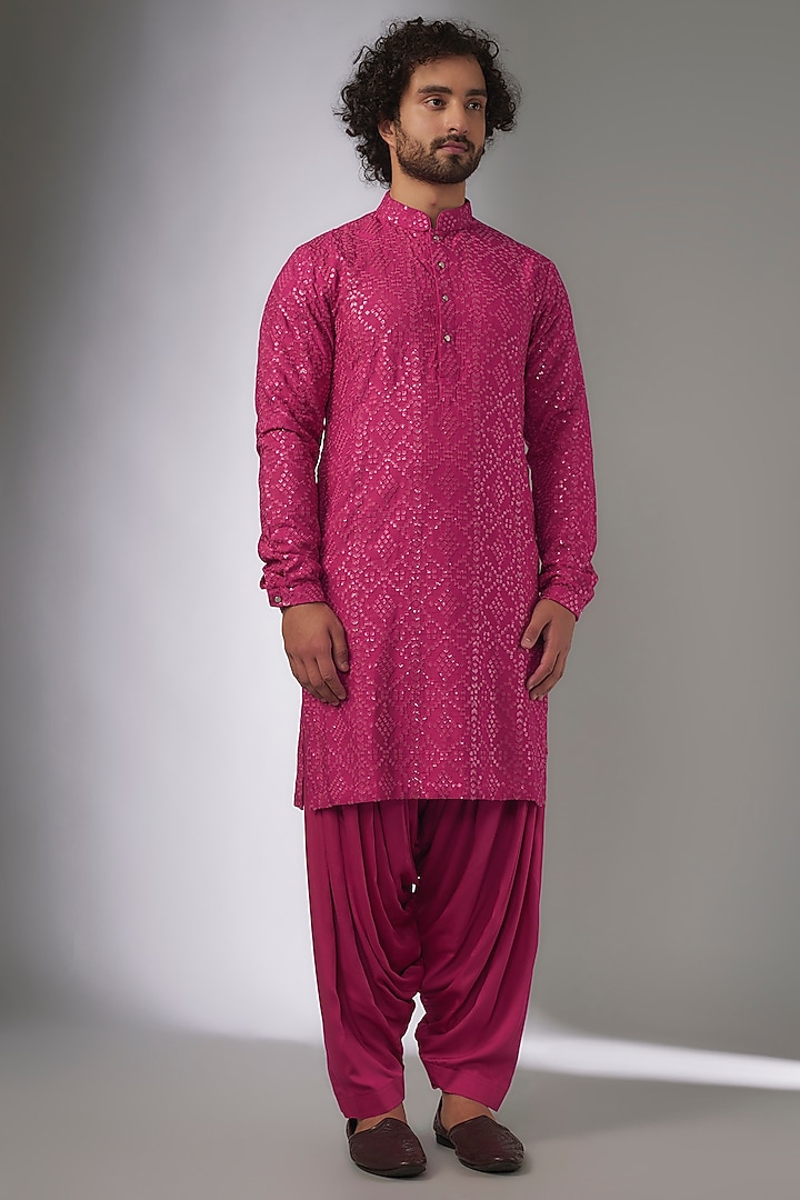 Hot Pink Dola Silk Sequin Embellished Kurta Set by SALIL BHATIA at Pernia's Pop Up Shop