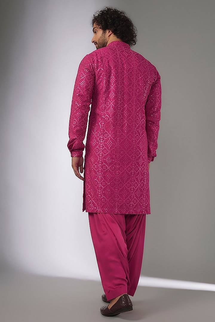 Hot Pink Dola Silk Sequin Embellished Kurta Set by SALIL BHATIA at Pernia's Pop Up Shop