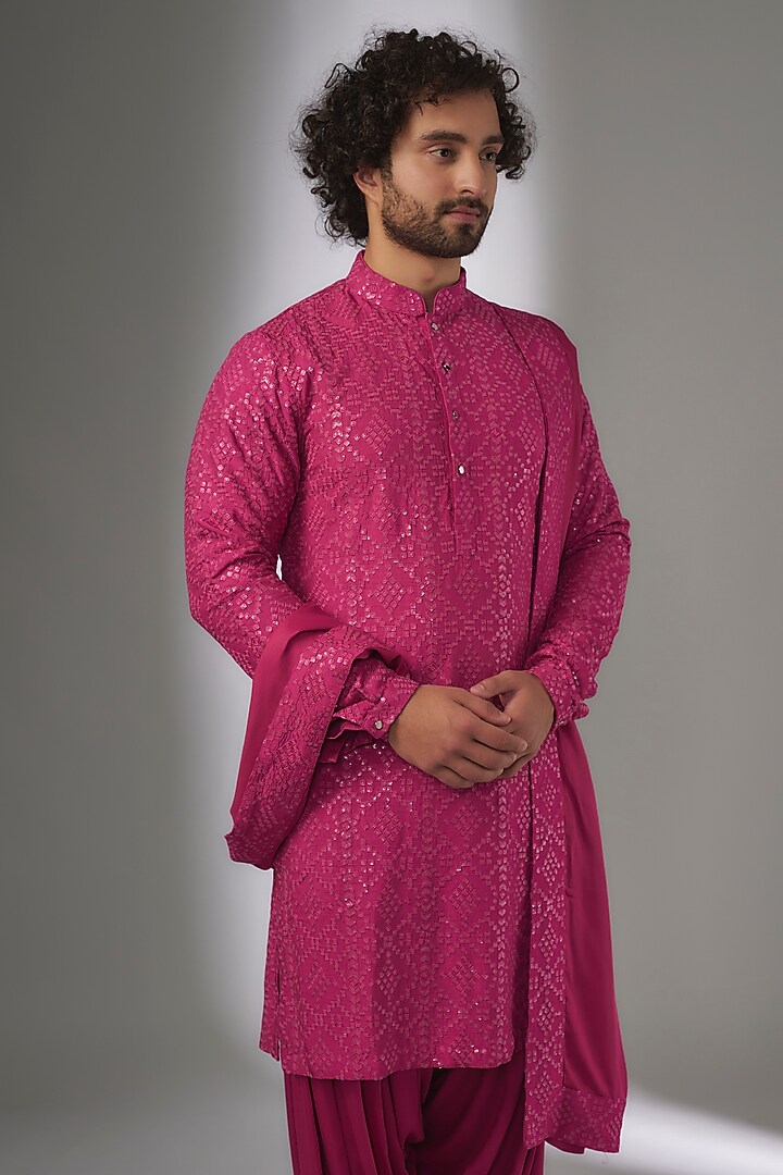 Hot Pink Dola Silk Sequin Embellished Kurta Set by SALIL BHATIA at Pernia's Pop Up Shop