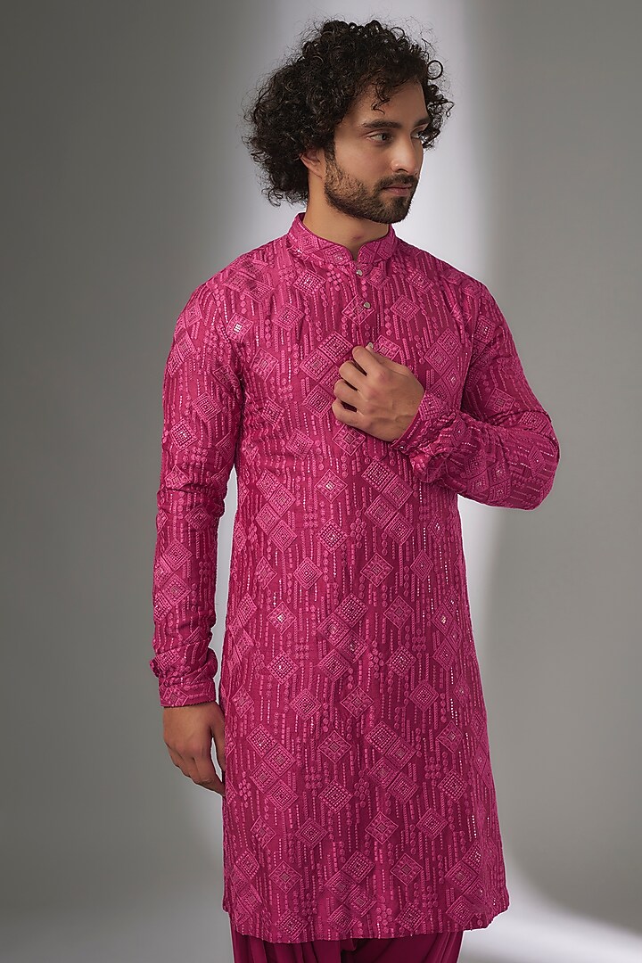 Hot Pink Dola Silk Thread & Sequin Embellished Kurta Set by SALIL BHATIA at Pernia's Pop Up Shop