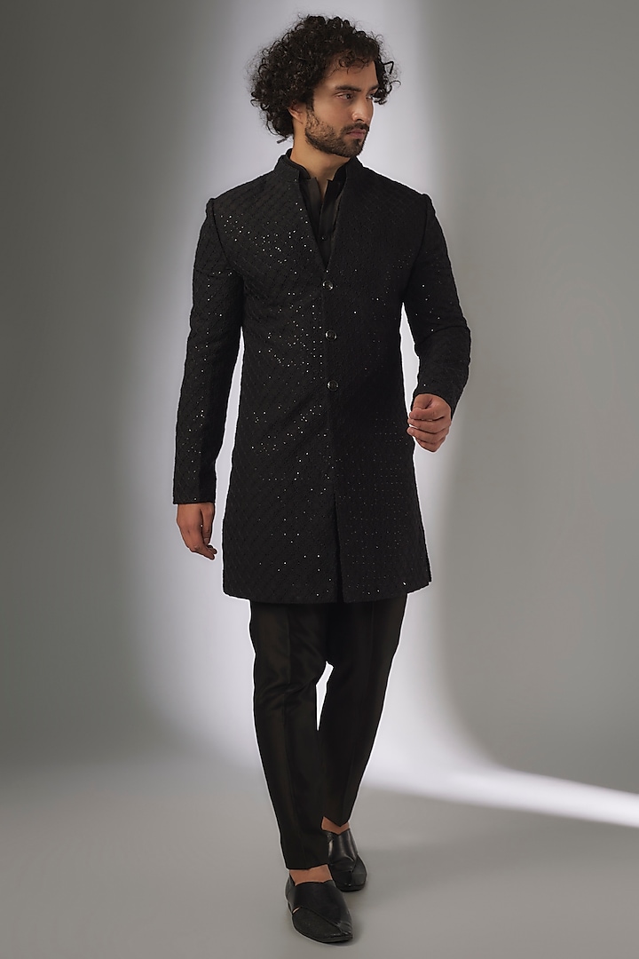 Black Dola Silk Thread Work Indowestern Set by SALIL BHATIA