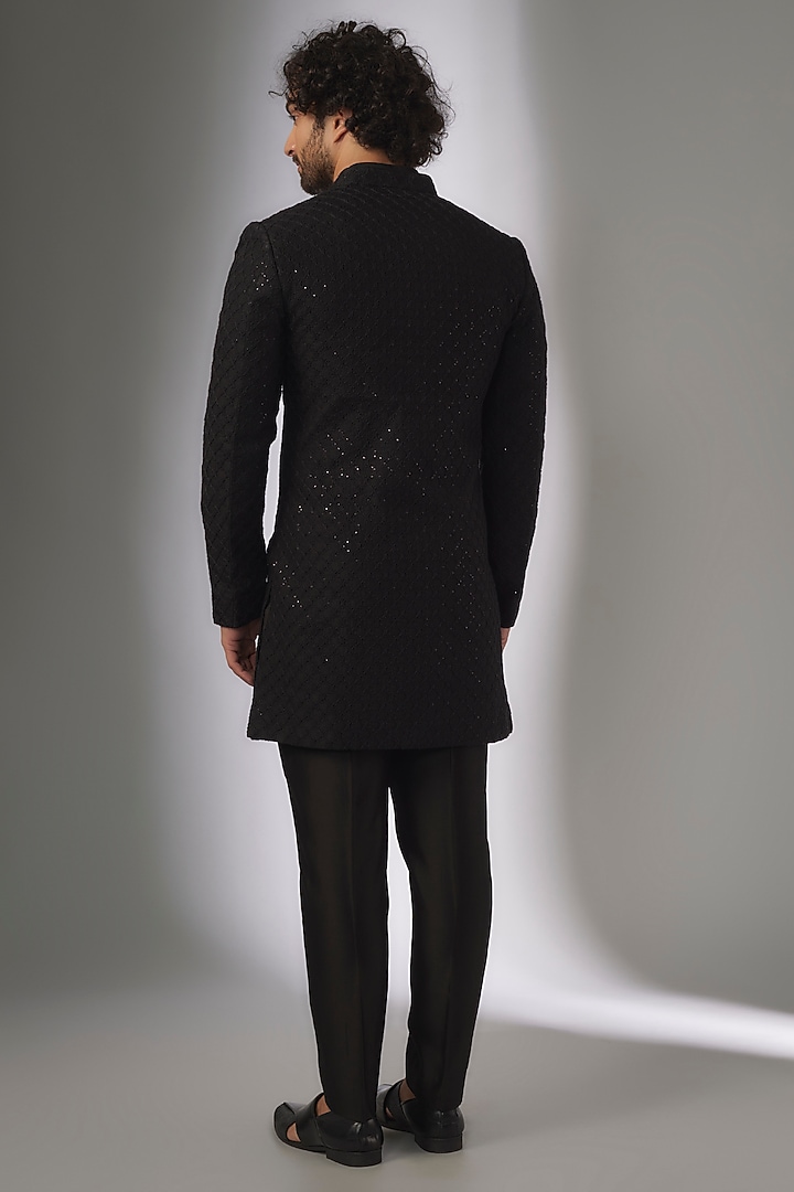 Black Dola Silk Thread Work Wedding Indowestern Set by SALIL BHATIA at Pernia's Pop Up Shop