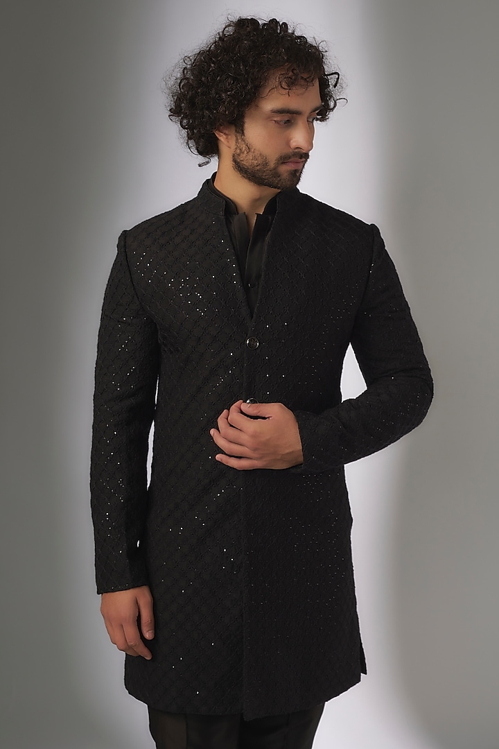 Black Dola Silk Thread Work Wedding Indowestern Set by SALIL BHATIA at Pernia's Pop Up Shop