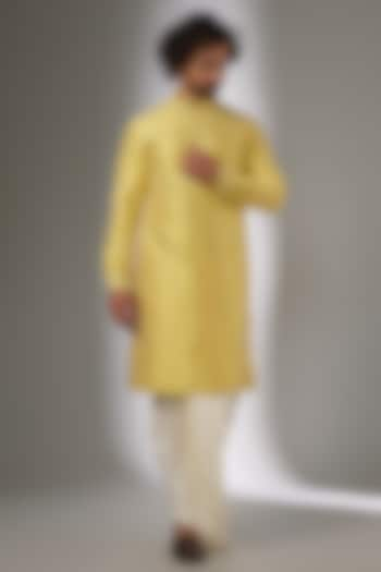 Butter Yellow Silk Mirror Work Kurta Set by SALIL BHATIA