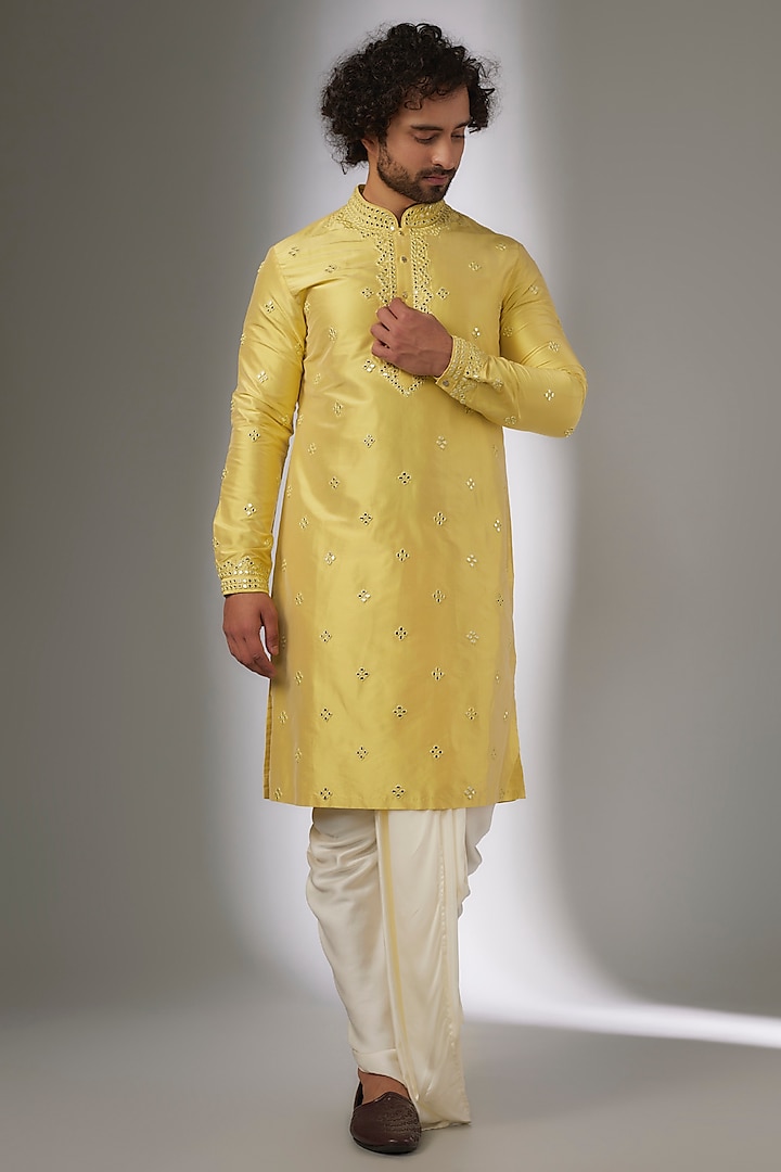 Butter Yellow Silk Mirror Work Kurta Set by SALIL BHATIA