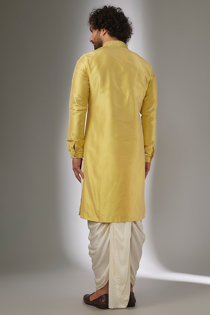 Butter Yellow Silk Mirror Work Kurta Set by SALIL BHATIA at Pernia's Pop Up Shop