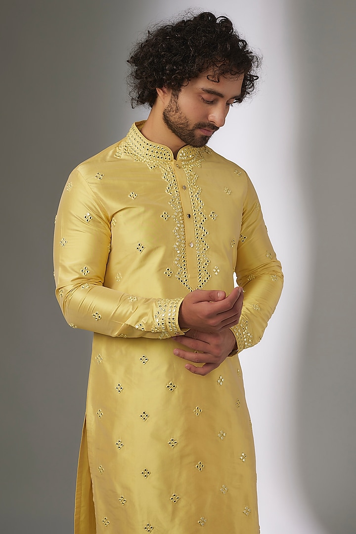 Butter Yellow Silk Mirror Work Kurta Set by SALIL BHATIA at Pernia's Pop Up Shop