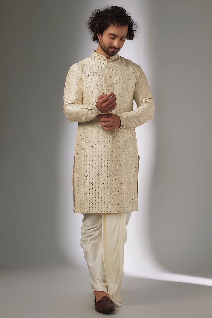 Ivory Raw Silk Thread Work Kurta Set by SALIL BHATIA at Pernia's Pop Up Shop