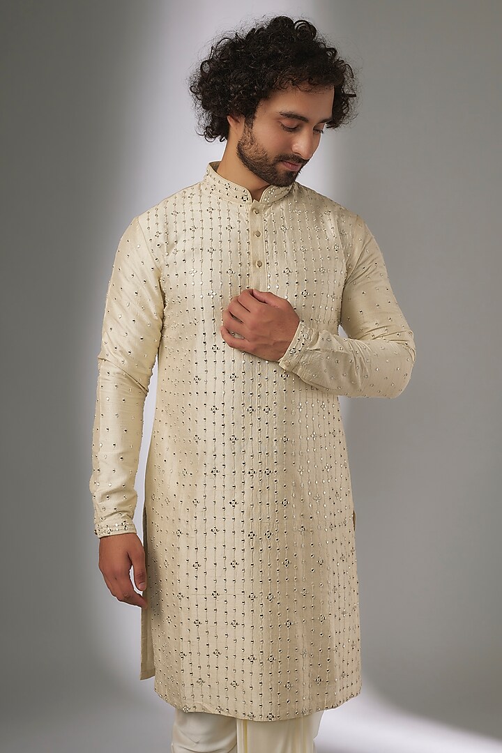 Ivory Raw Silk Thread Work Kurta Set by SALIL BHATIA at Pernia's Pop Up Shop