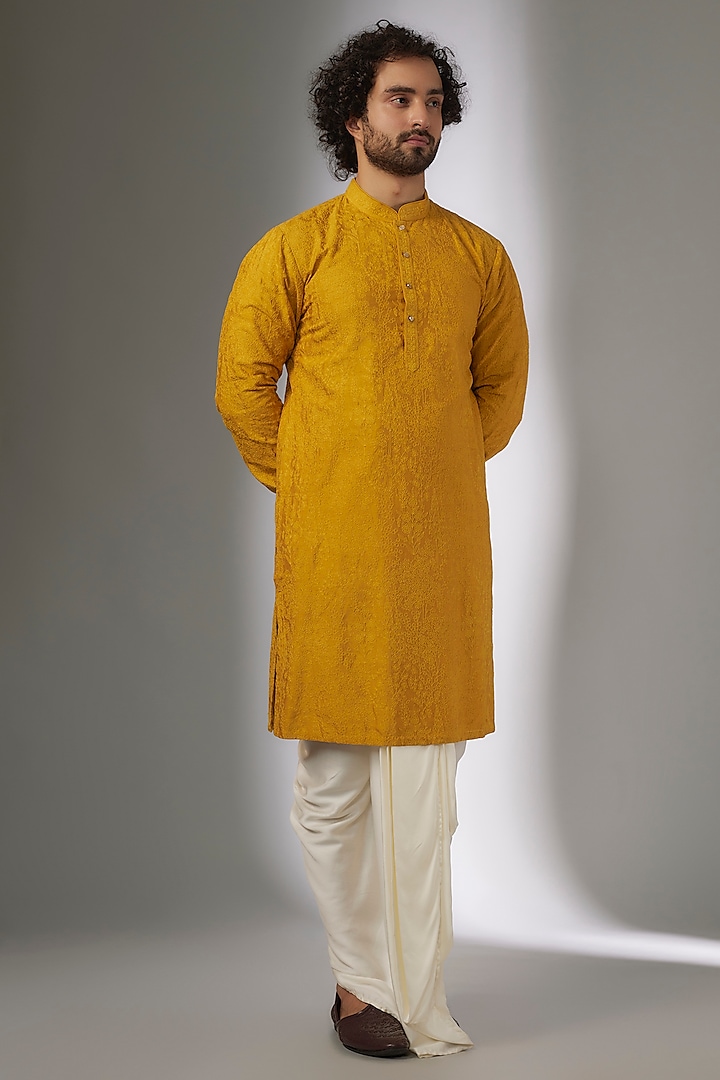 Mustard Dola Silk Thread Embellished Kurta Set by SALIL BHATIA