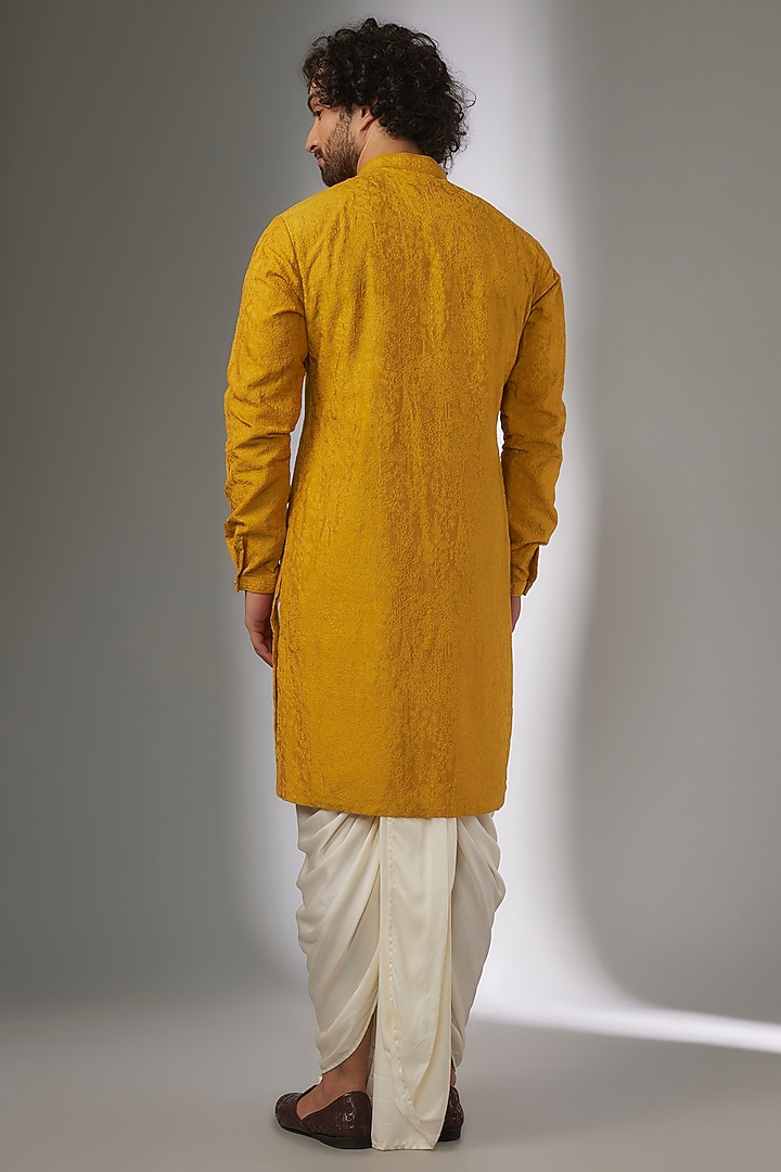 Mustard Dola Silk Thread Embellished Kurta Set by SALIL BHATIA at Pernia's Pop Up Shop