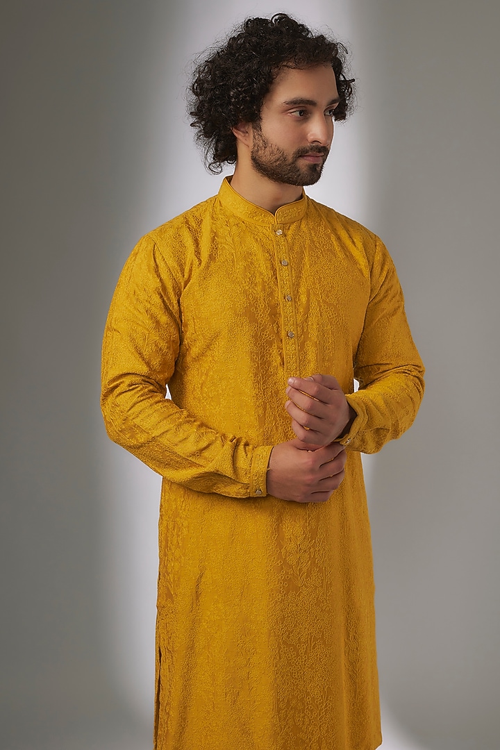 Mustard Dola Silk Thread Embellished Kurta Set by SALIL BHATIA at Pernia's Pop Up Shop
