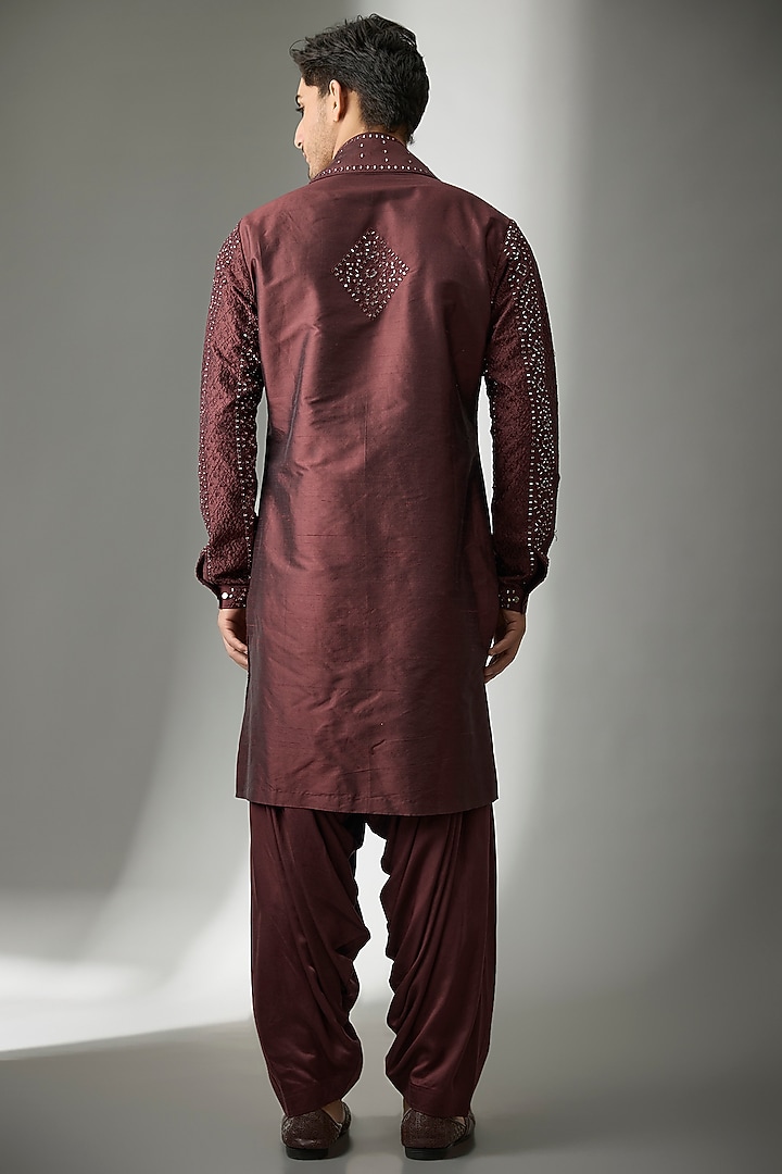 Wine Pure Silk Mirror Work Kurta Set by SALIL BHATIA at Pernia's Pop Up Shop