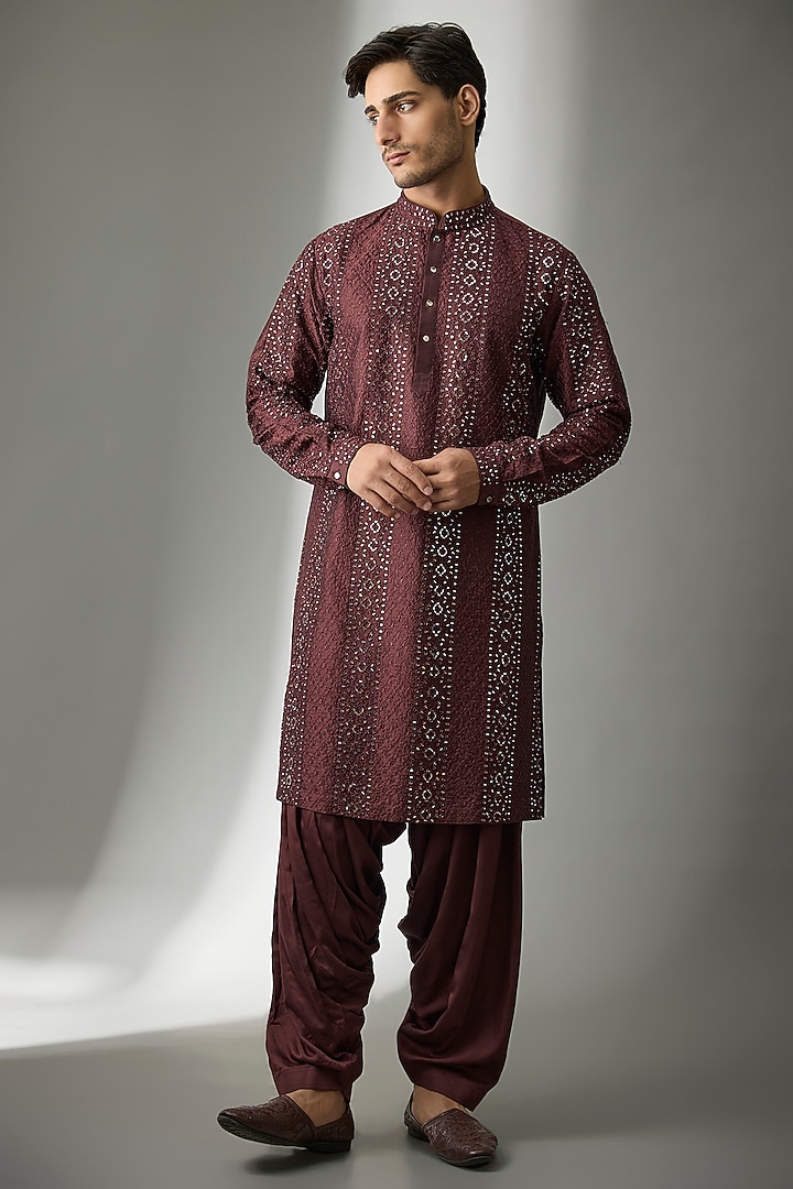 Wine Pure Silk Mirror Work Kurta Set by SALIL BHATIA at Pernia's Pop Up Shop