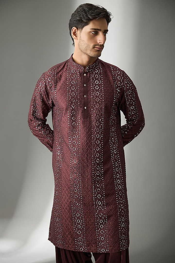 Wine Pure Silk Mirror Work Kurta Set by SALIL BHATIA at Pernia's Pop Up Shop