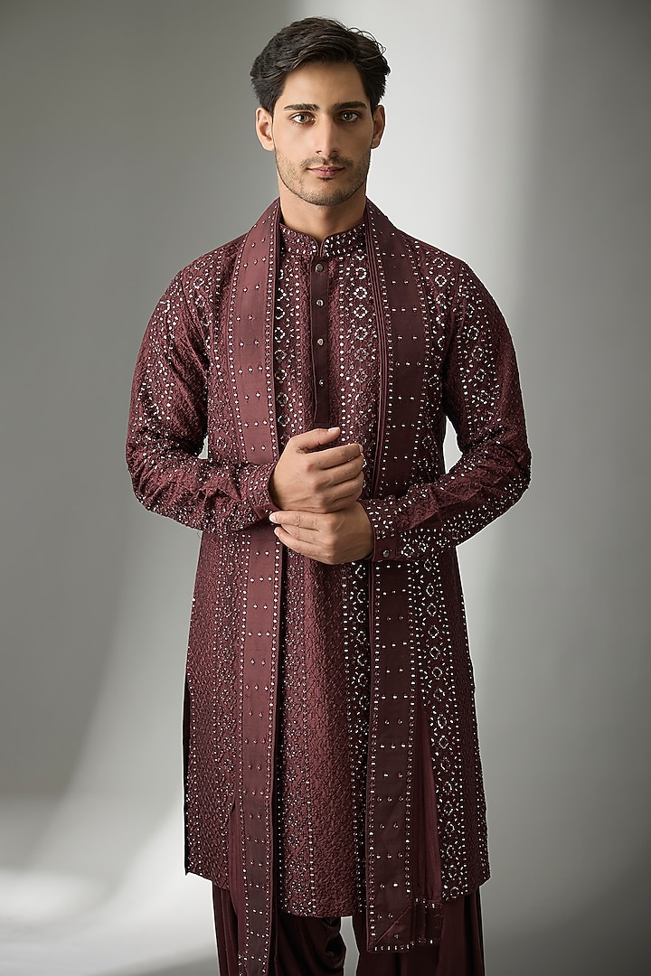 Wine Pure Silk Mirror Work Kurta Set by SALIL BHATIA at Pernia's Pop Up Shop