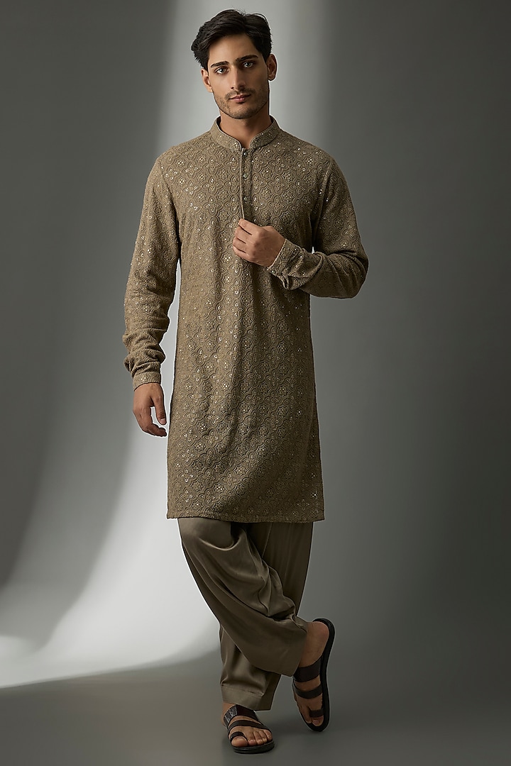 Taupe Georgette Sequins Embellished Kurta Set by SALIL BHATIA