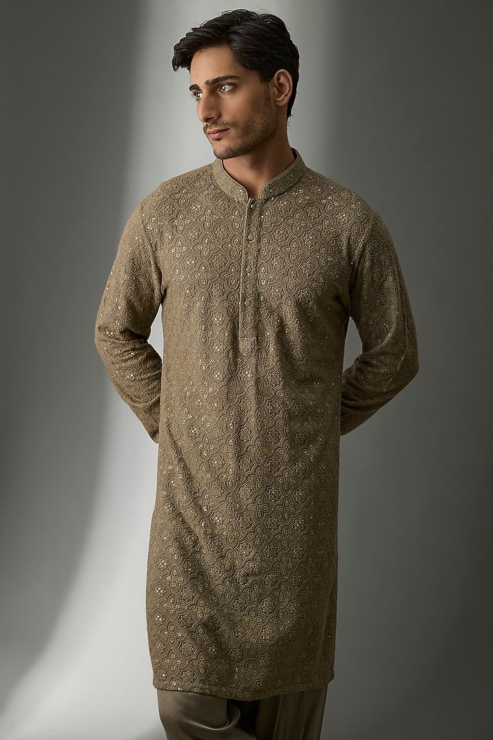 Taupe Georgette Sequins Embellished Kurta Set by SALIL BHATIA at Pernia's Pop Up Shop