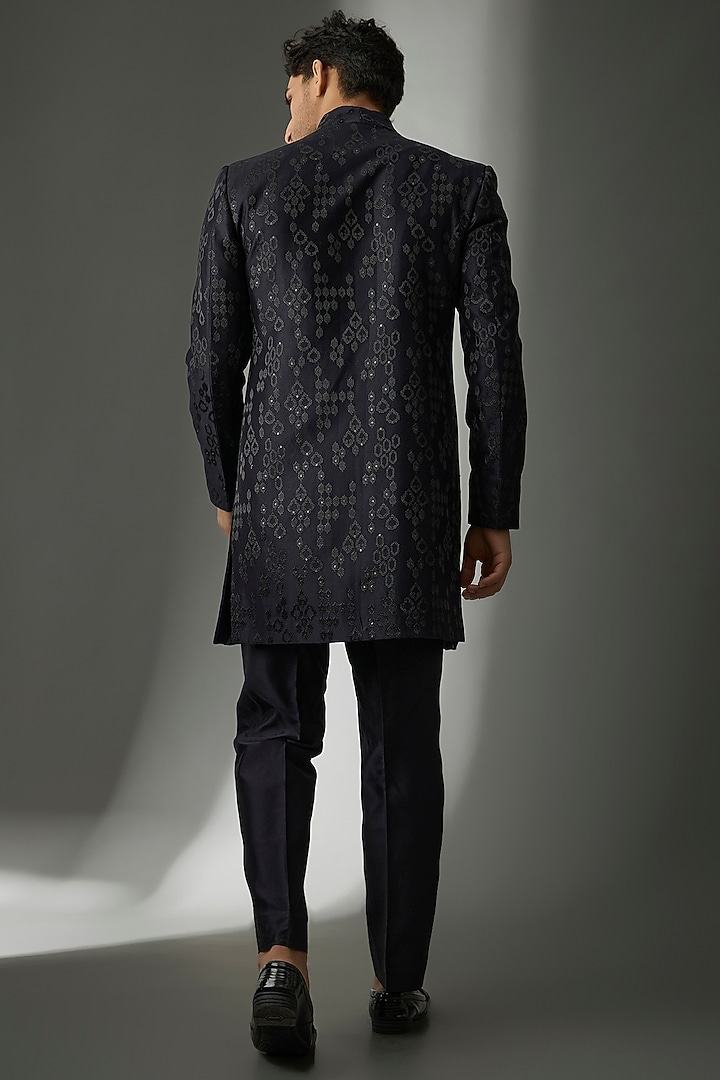 Dark Blue Silk Chanderi Zari Embellished Wedding Indowestern Set by SALIL BHATIA at Pernia's Pop Up Shop