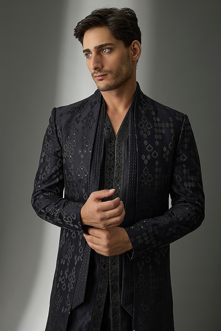 Dark Blue Silk Chanderi Zari Embellished Wedding Indowestern Set by SALIL BHATIA at Pernia's Pop Up Shop