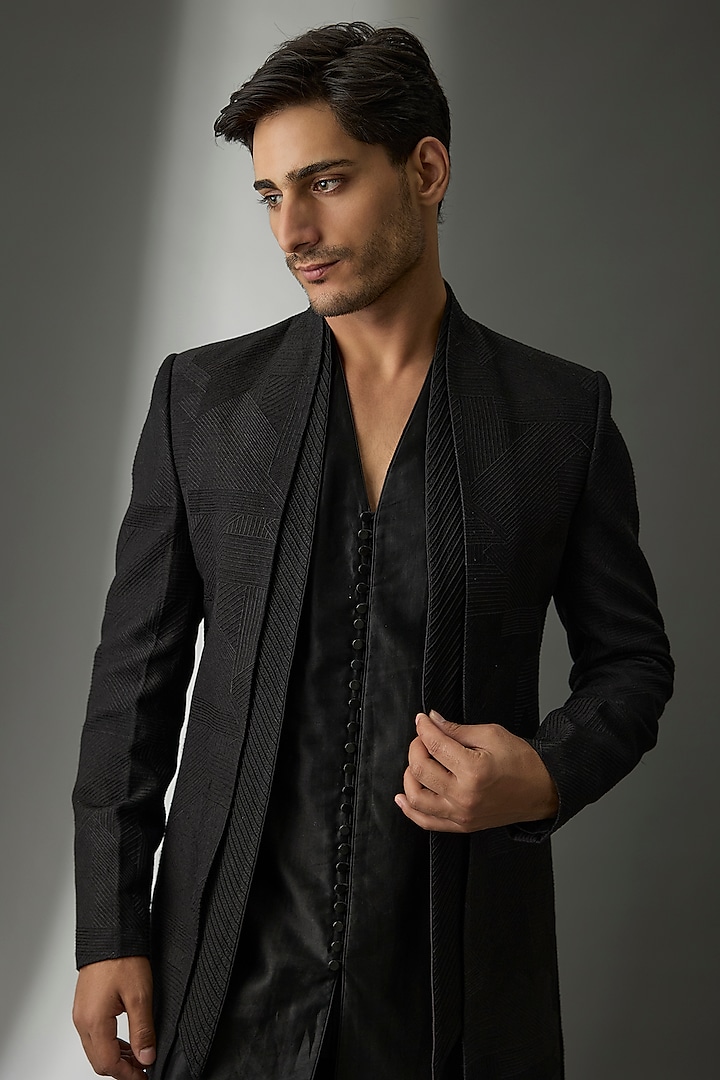 Black Dola Silk Zari Embellished Wedding Indowestern Set by SALIL BHATIA at Pernia's Pop Up Shop