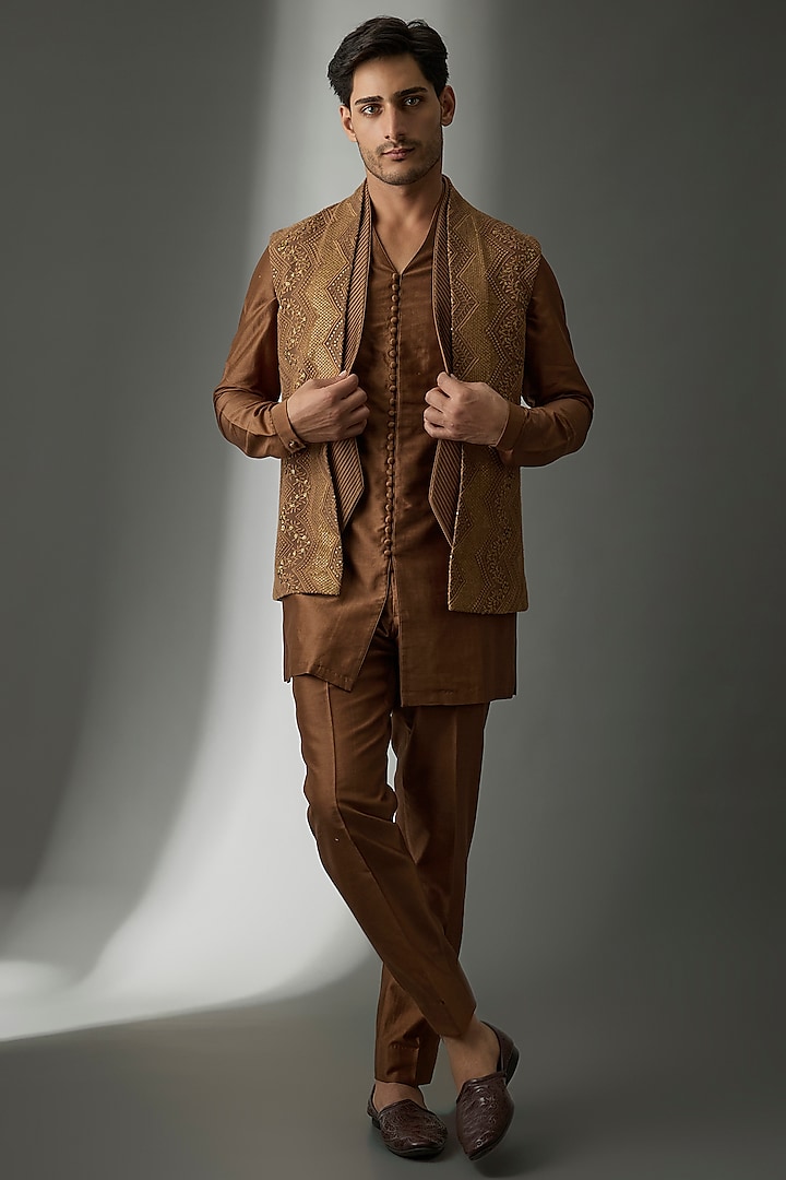 Rust Georgette Sequins Embellished Layered Indowestern Set by SALIL BHATIA