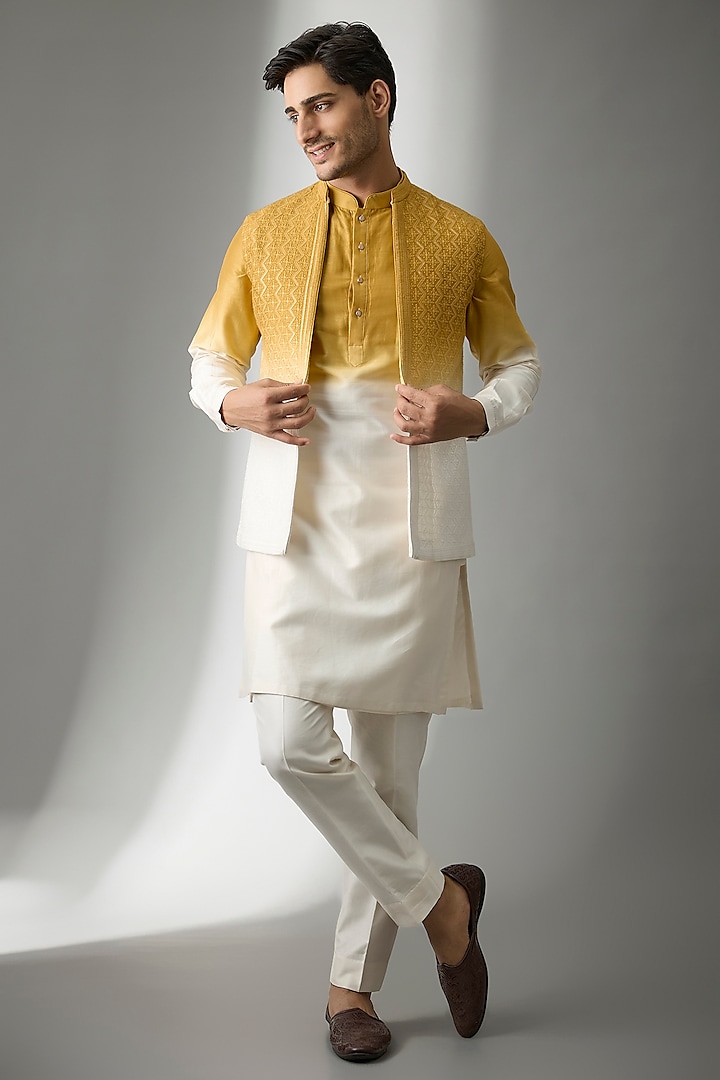 Yellow & Ivory Ombre Dola Silk Sequins Embellished Nehru Jacket Set by SALIL BHATIA